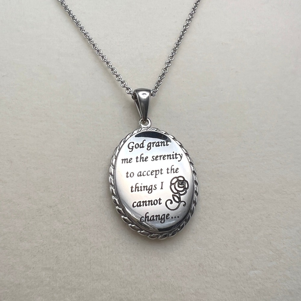 Hallmark Serenity Prayer Necklace Silver Stainless Steel Engraved Oval Pendant